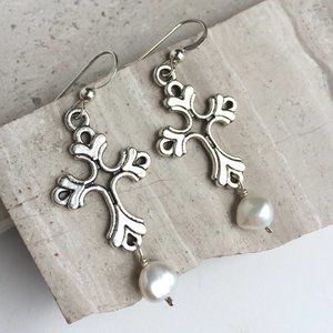 Sterling Silver Cross Freshwater Pearl Earrings — NEW with Tag!